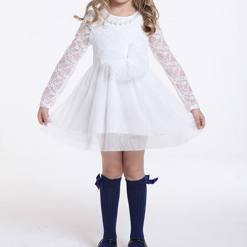 Kids Baby Girls Lace Dress Long Sleeve Princess Party Dresses Pearl Necklace 2-6 Y NW