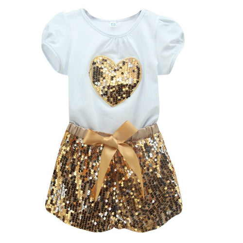 2-7T Kids Girls Clothing Sets Sequins Short Sleeve T-shirt Tops Shorts Outfits Clothes Set NW