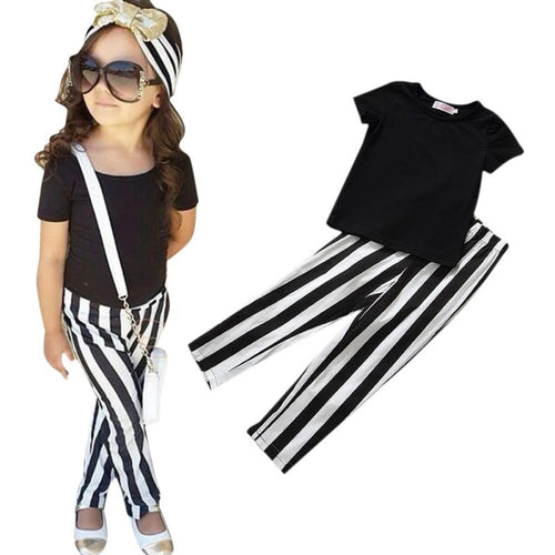 2-7Y Girls 2PCS Set Short Sleeve Shirt Black White Striped Pants Children Clothing Sets NW