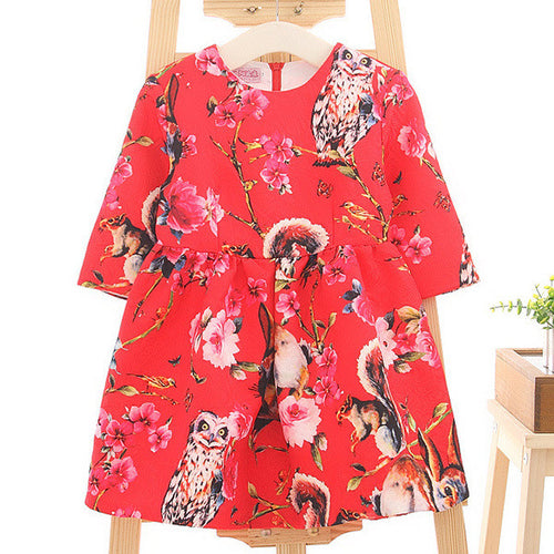 2-8Y New Kids Children Girls Floral Owl Print Princess Dress One Piece Party Dresses NW