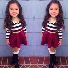 2-8Y New Kids Girls Clothing Sets Fashion Striped Tops Casual Long Sleeve T-shirts Baby Skirts NW