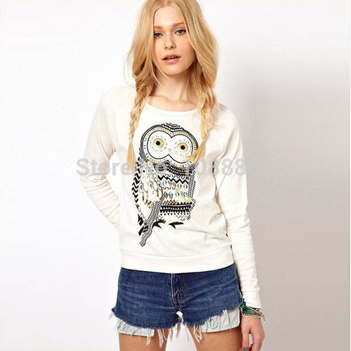 New Women Girls Cute Cartoon Owl Print Beaded Long Sleeve Shirt Pullover Crew Neck Sweatshirt Tops NW