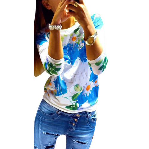 Fashion Women Girl Long Sleeve Floral Print Shirts Crew Neck Casual Tops Plus Size NW