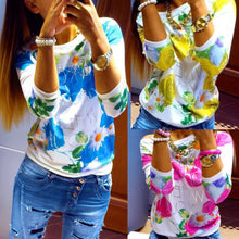 Fashion Women Girl Long Sleeve Floral Print Shirts Crew Neck Casual Tops Plus Size NW