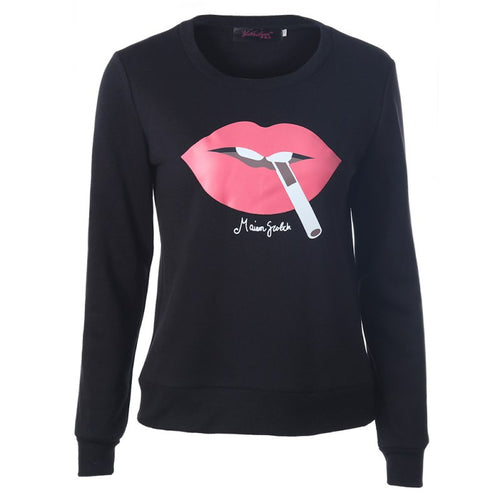 Plus Size Women Sweatshirts Sexy Red Big Lips Cigarette Printed Long-Sleeved Edge Pullovers Hoodies Causual Sudaderas NW