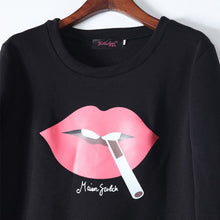 Plus Size Women Sweatshirts Sexy Red Big Lips Cigarette Printed Long-Sleeved Edge Pullovers Hoodies Causual Sudaderas NW