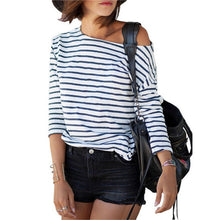 Fashion Blue and White Round Neck Long Sleeve Striped Loose Tops Womens Casual Simple T-Shirt NW