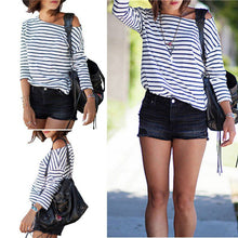 Fashion Blue and White Round Neck Long Sleeve Striped Loose Tops Womens Casual Simple T-Shirt NW
