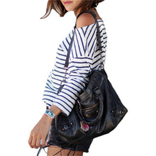 Fashion Blue and White Round Neck Long Sleeve Striped Loose Tops Womens Casual Simple T-Shirt NW