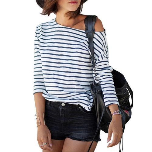 Fashion Blue and White Round Neck Long Sleeve Striped Loose Tops Womens Casual Simple T-Shirt NW