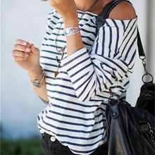 Fashion Blue and White Round Neck Long Sleeve Striped Loose Tops Womens Casual Simple T-Shirt NW