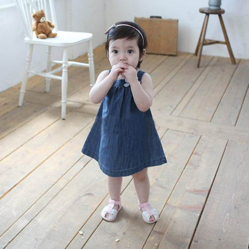 Children Kids Girls Strap Jean Denim Knee-Length Dresses Blue Solid Bow Cowboy Dress Sundress NW