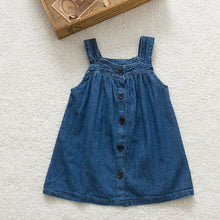 Children Kids Girls Strap Jean Denim Knee-Length Dresses Blue Solid Bow Cowboy Dress Sundress NW