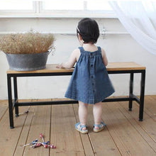 Children Kids Girls Strap Jean Denim Knee-Length Dresses Blue Solid Bow Cowboy Dress Sundress NW