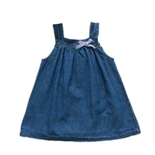 Children Kids Girls Strap Jean Denim Knee-Length Dresses Blue Solid Bow Cowboy Dress Sundress NW