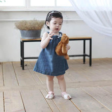 Children Kids Girls Strap Jean Denim Knee-Length Dresses Blue Solid Bow Cowboy Dress Sundress NW