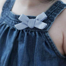 Children Kids Girls Strap Jean Denim Knee-Length Dresses Blue Solid Bow Cowboy Dress Sundress NW