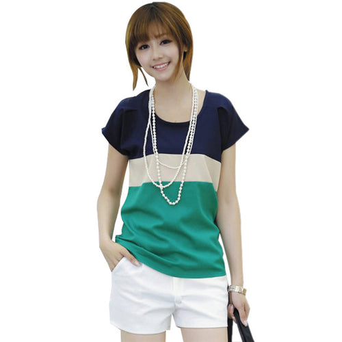 Korean Women Batwing Sleeve T-shirt Tops Splicing Color Chiffon Shirt Plus Size NW