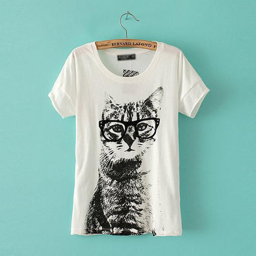Women Loose Cat Printed T-shirt Tops Tee Short Sleeve T shirt Casual Tee NW
