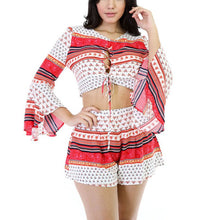 Women Trumpet Long Sleeve Floral Printed Crop Tops Shorts Pants Suit 2 Pieces Set Plus Size NW