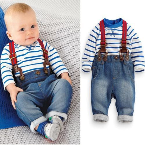 2PCS Baby Boys Toddler Striped T-shirt Top Fashion Jeans Bib Pants Clothes Sets 0-3Y NW