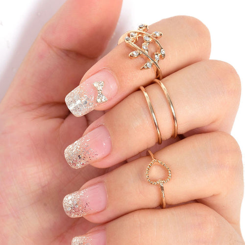 4PCS Set Cute Heart-shaped Simulated Diamond Leaves Rings Urban Crystal Plain Above Knuckle Ring Band Midi Ring Gold Silver NW