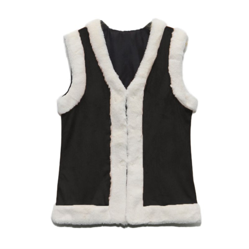 Women Flocking Faux Fur Sleeveless Vest Jacket Feminino Leather Patchwork Warm Waistcoat Colete Coats Outwear NW