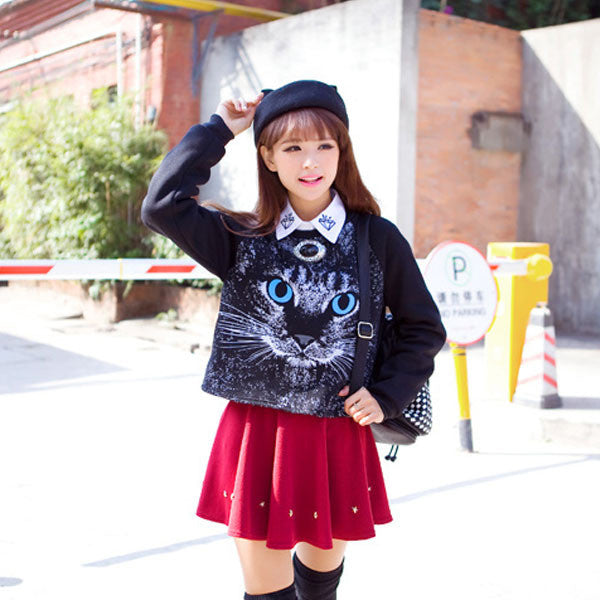 Women Long Sleeve Pullover Casual Cat Pattern Blouses Sweatshirts Tops NW