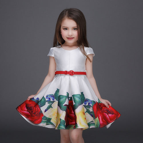 Baby Girl Dress W Belt Kids Flower Printed Short Sleeve Ball Gown Dresses Clothes NW