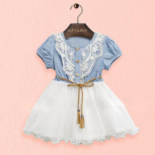 Baby Girls One piece Dress Lace Button Belt Short Sleeve Clothes Dresses NW