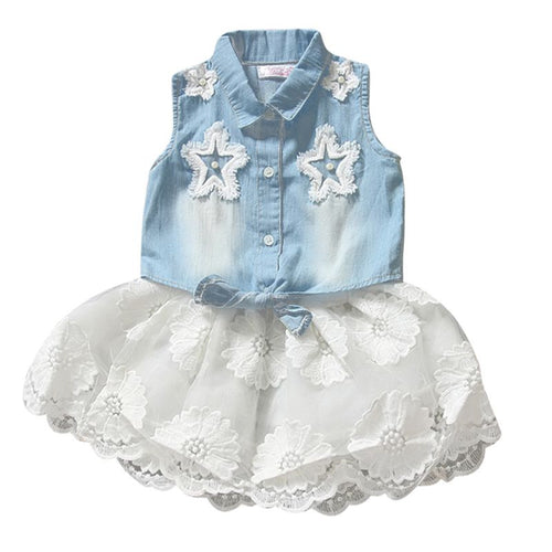 Baby Kids Girls Princess Floral Chiffon Dress Sleeveless Demin Tops Tutu Skirt Clothing Sets NW