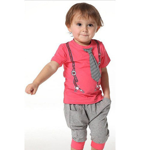Baby set outfits Boy Kids Cotton Short Sleeve Tops Tie Print Cloths T Shirt Short Pants NW
