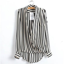 Casual Women Black White Striped Chiffon Blouse Tops Long Sleeve Shirts S M L NW