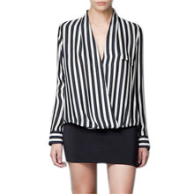 Casual Women Black White Striped Chiffon Blouse Tops Long Sleeve Shirts S M L NW