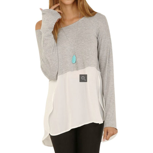 Chic Women Casual Loose Stitching Blouse Grey Shirt Crew Neck Tee Comfy Tops NW