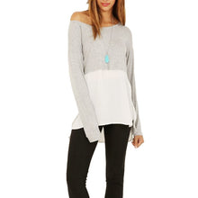 Chic Women Casual Loose Stitching Blouse Grey Shirt Crew Neck Tee Comfy Tops NW