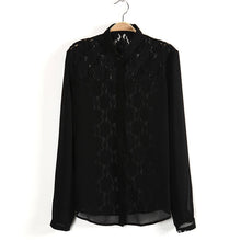 Chiffon Tops Button Down Shirt Women Blouse OL Career Stand Collar See-Through NW