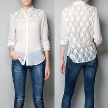 Chiffon Tops Button Down Shirt Women Blouse OL Career Stand Collar See-Through NW