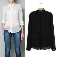 Chiffon Tops Button Down Shirt Women Blouse OL Career Stand Collar See-Through NW