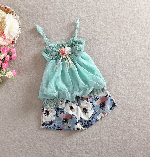 Cute Baby Girls Lace Sleeveless Clothes Set Children Girl Tops Floral Short Pants Outfits Set NW
