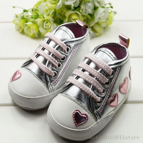 Cute Kid Toddler Baby Girl Silver Crib Heart Soft Shoes Walking Sneaker 0-18 M ping NW