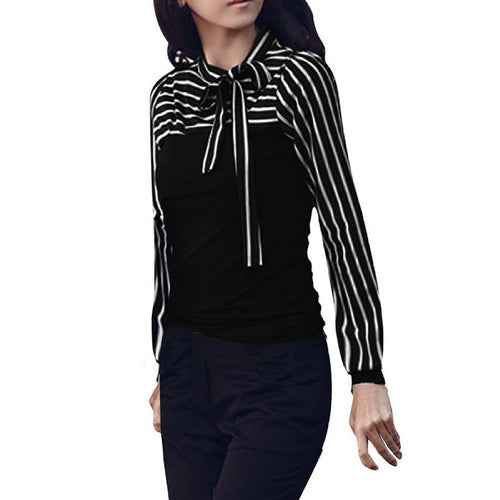 Fashion OL Black White Striped Women Blouses Shirts Women Clothing Casual Shirts Bowknot Long Sleeve Tops LZH7 NW