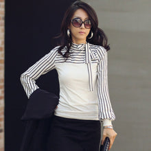 Fashion OL Black White Striped Women Blouses Shirts Women Clothing Casual Shirts Bowknot Long Sleeve Tops LZH7 NW