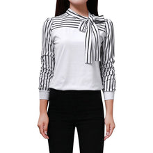 Fashion OL Black White Striped Women Blouses Shirts Women Clothing Casual Shirts Bowknot Long Sleeve Tops LZH7 NW
