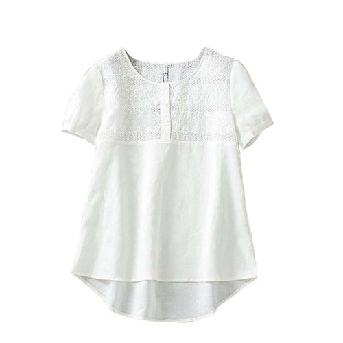 Fashion Women Cotton Linen Elegant Embroidery Hollow out Blouse O-neck Short Sleeve white shirts XL Plus Size casual tops LZH7 NW