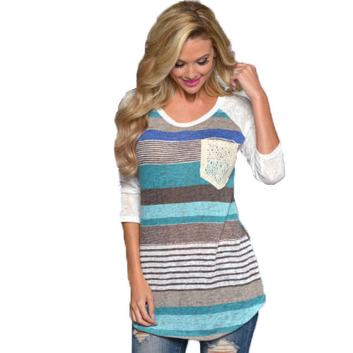 Fashion Women Long Sleeve Loose Shirts Striped Tops Casual Shirt Tops Blouse NW