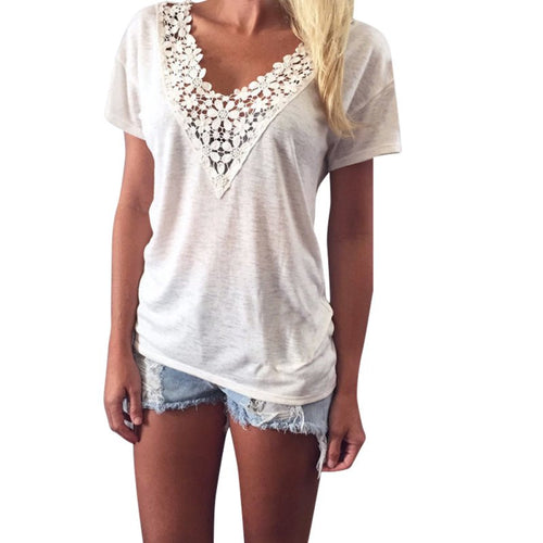 Fashion Women Short Sleeve Casual Lace White T-Shirt NW