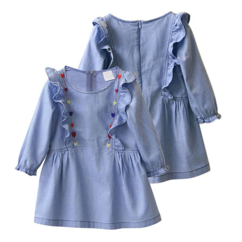 Girl Denim Dress Retro Kids Long Sleeve Jeans Tutu Dresses 1-6Y Children Clothing NW
