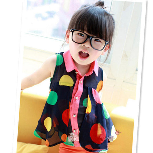Girls Child Shirts Polka Dot Lapel Sleeveless Chiffon Party Tops Blouse 2-7Y NW