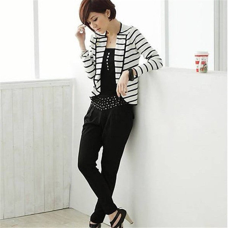 Hot Women Slim Short Jacket Ladies White Striped Coat One Button Long Sleeve Outerwear Suit JacketsHG NW